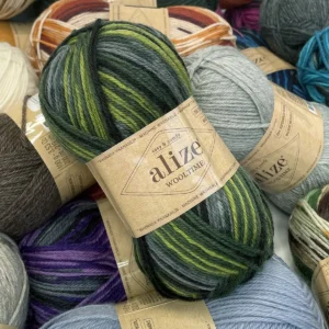 Пряжа для в’язання Alize Wooltime 11019 оливково-сірий, напівшерсть секційного фарбування купити в магазині пряжі Київ, Хорива 1А, 2 пов