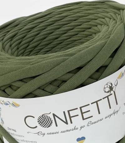 Трикотажна пряжа 7–9 мм Confetti олива ❗ 120 м ✓ 100% коттон ✓ Ідеальна для сумок і декору. Трикотажна пряжа купити Київ в магазині пряжі на Подолі