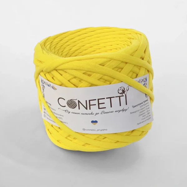 Трикотажна пряжа Confetti 7–9 мм жовта / лимон ❗ 120 м ✓ 100% коттон ✓ Ідеальна для сумок і декору. Трикотажна пряжа купити в Україні, в магазині пряжі на Подолі за адресою Київ, Хорива 1 А