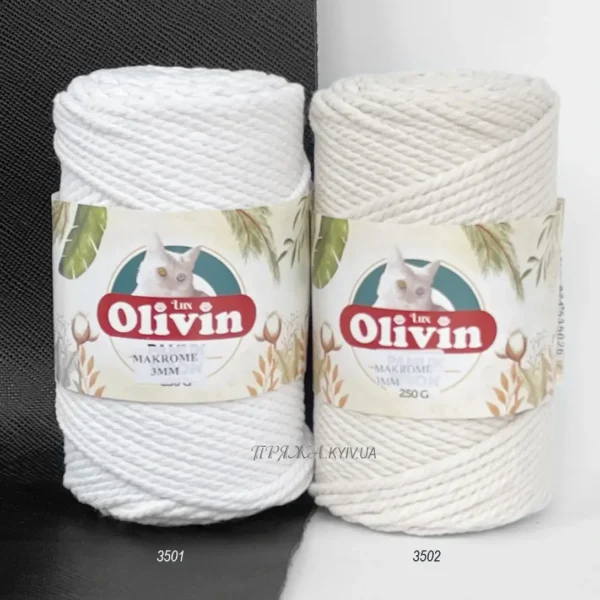 Шнур Макраме Olivin Makrome 3 мм Порівняння 3501 (білий) та 3502 (білий натуральний) 100% бавовняний кручений Rope 105м 250г Туреччина