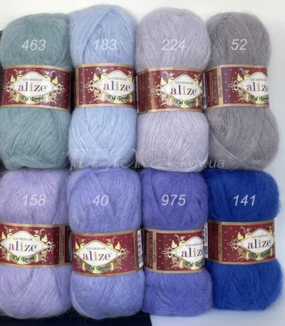 Палітра Alize kid mohair Kid Royal Порівняння кольорів: 40 VS 158 VS 141 VS 52 VS 224 VS 183 (блакитний) 975 VS 463