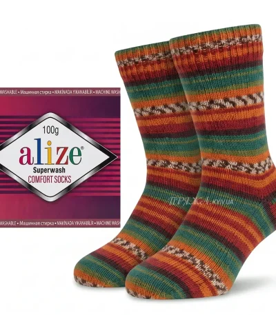 Alize Superwash Comfort 4447 оранжево-зелений. Шкарпеткова секційного фарбування